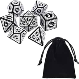 Kit 7 Dados Rpg Branco Runas D&d Boardgames Jogos de Mesa D4 D6 D8 D10 D10% D12 D20 + Bolsa de Veludo