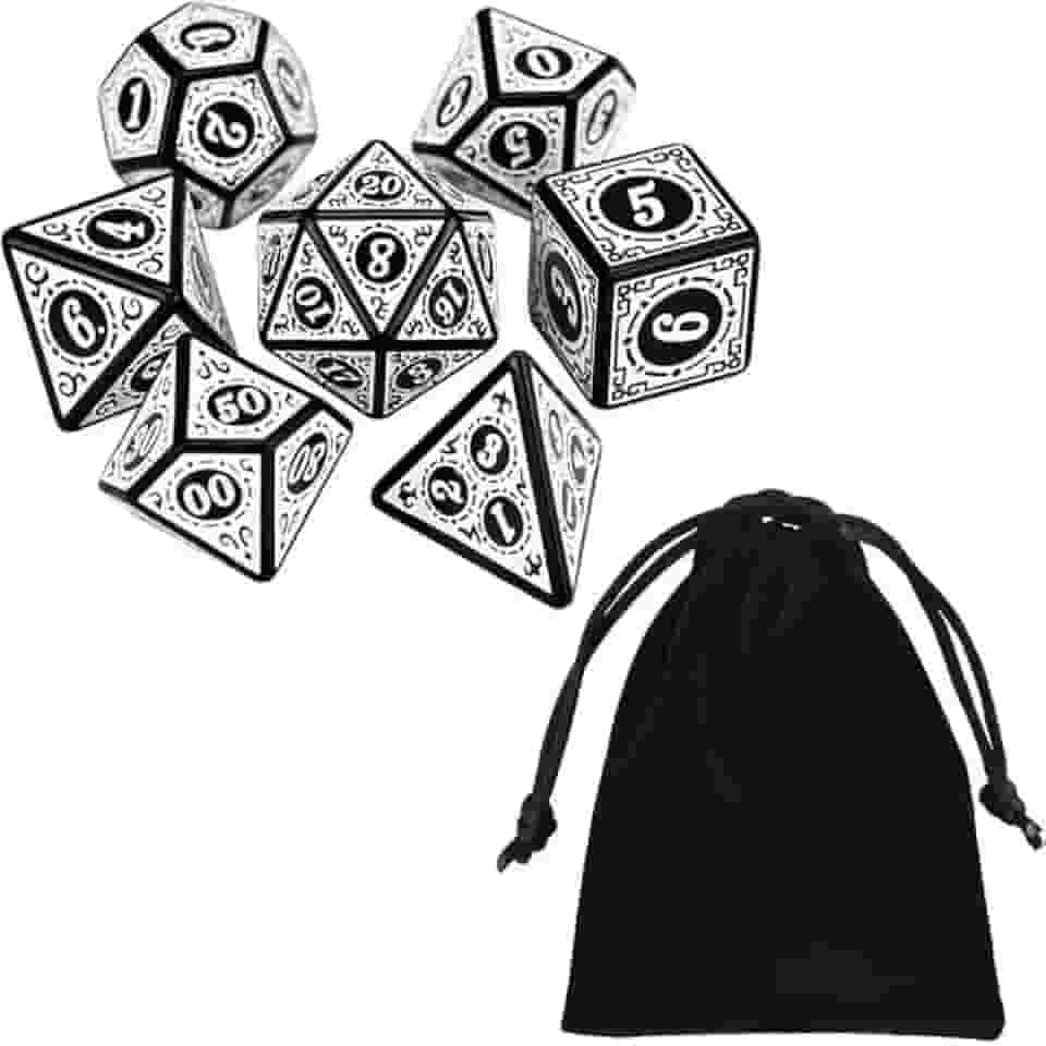 Kit 7 Dados Rpg Branco Runas D&d Boardgames Jogos de Mesa D4 D6 D8 D10 D10% D12 D20 + Bolsa de Veludo
