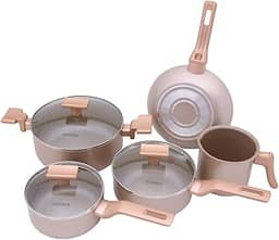 Mimo Style Conjunto 5 Panelas Sartin Cook Estrutura em Alumínio Revestida em Cerâmica, Base Alto Relevo. Tampa Vidro Temperado Alças e Cabos Soft-Touch. Fogão a Gás, Elétrico e Vitrocerâmico