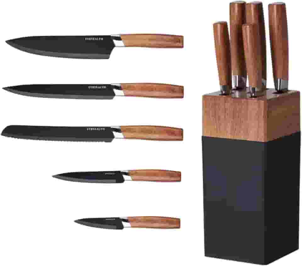 Jogo de Facas 6 Peças com Cepo de Madeira Natural – Lâmina Inox Preta, Cabos em Madeira, Kit Cozinha e Churrasco