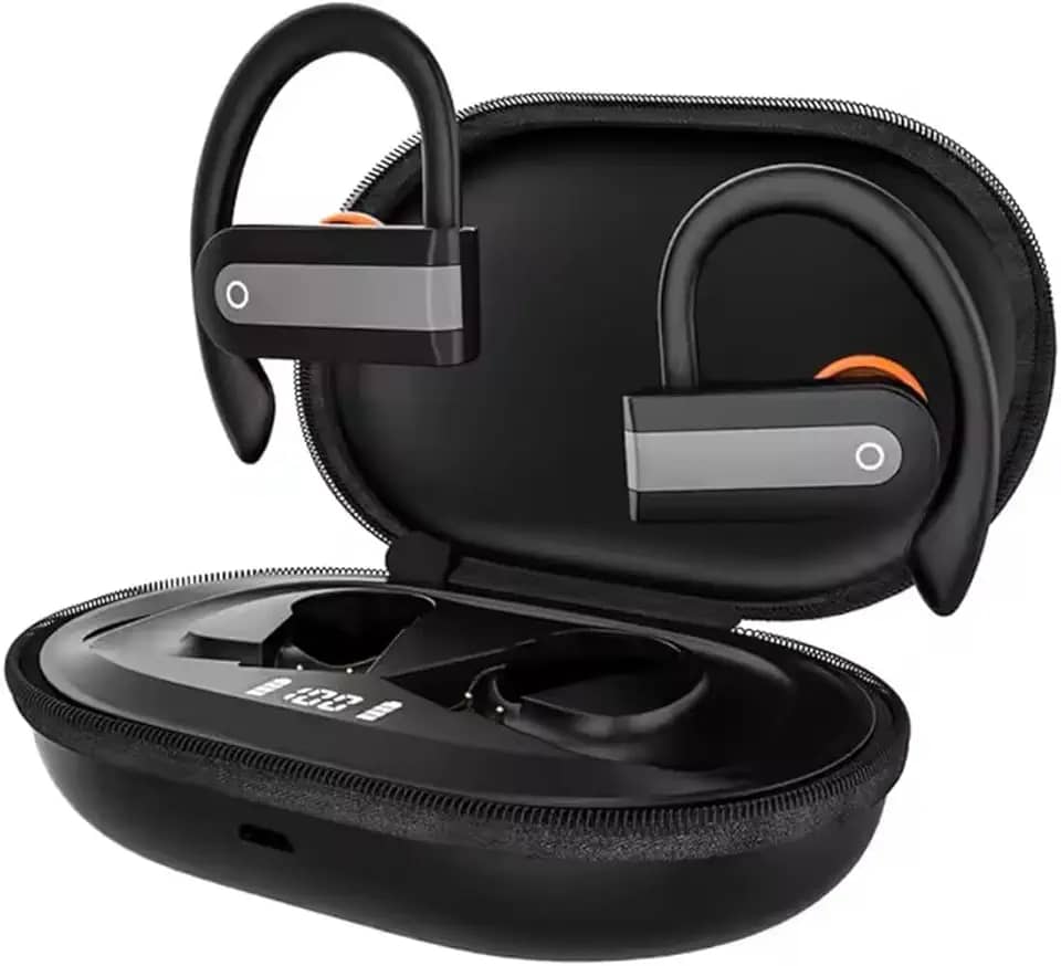Fone de Ouvido Bluetooth Esportivo 5.4 com Gancho Som HD, Bateria Duradoura, Resistente à Suor IPX5, Cancelamento de Ruído, Microfone, LED Display e Conexão Sem Fio Estável para Corrida e Academia