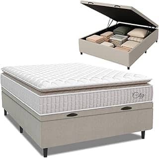Cama Box Baú Colchão Casal Molas Ensacadas City Pillow Top 138x188x64cm Branco/Bege Hellen - Suporta até 110kg por Pessoa