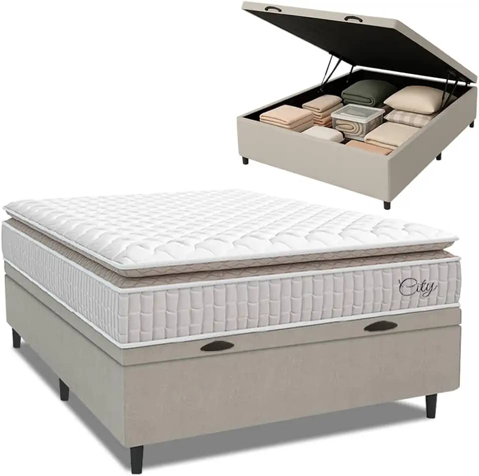 Cama Box Baú Colchão Casal Molas Ensacadas City Pillow Top 138x188x64cm Branco/Bege Hellen - Suporta até 110kg por Pessoa