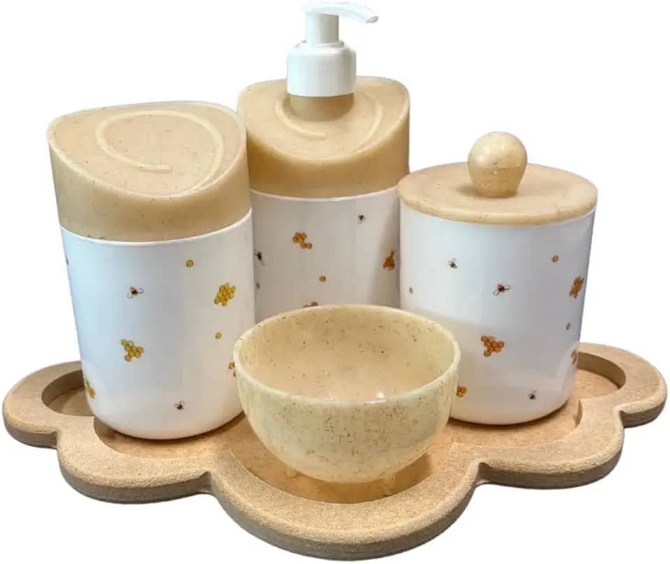 Kit Higiene Abelhinha Baby C/bandeja Nuvem E Quadrada MDF (Nuvem Crua/Tampa Madeira)