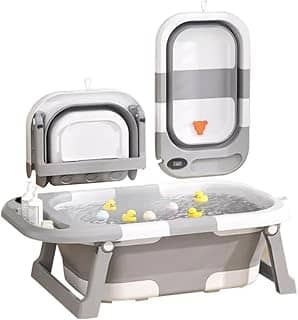 Banheira Bebê Dobrável Cinza com Termômetro Digital, Portátil e Compacta para Viagem e Apartamento