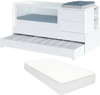 Berço Multifuncional com Cômoda Acoplada e Cama Auxiliar Colchão Padrão Americano Sol e Mar Transformável em Cama de Solteiro e Escrivaninha MDF e Laca UV Divicar (Branco)