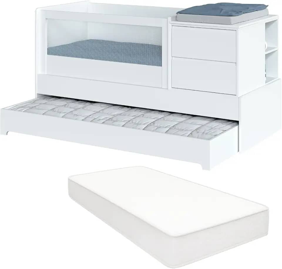 Berço Multifuncional com Cômoda Acoplada e Cama Auxiliar Colchão Padrão Americano Sol e Mar Transformável em Cama de Solteiro e Escrivaninha MDF e Laca UV Divicar (Branco)