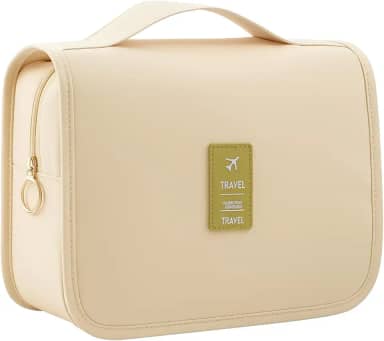 Bolsa Necessaire Maquiagem Cosméticos Feminina Viagem Com Divisória e Cabide para Pendurar Organizador de Maquiagem Muito Espaço para Maquiagem Shampoo Perfumes Higiene Pessoal (Bege)