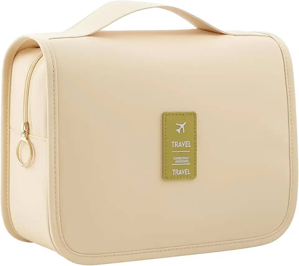 Bolsa Necessaire Maquiagem Cosméticos Feminina Viagem Com Divisória e Cabide para Pendurar Organizador de Maquiagem Muito Espaço para Maquiagem Shampoo Perfumes Higiene Pessoal (Bege)