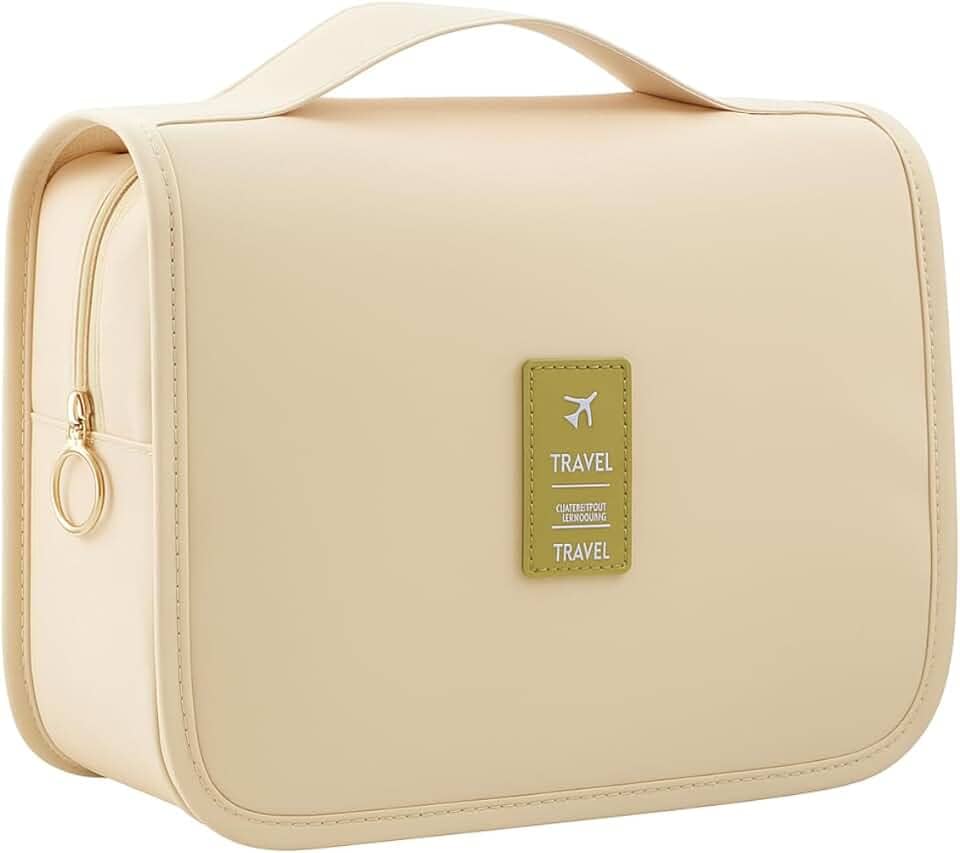 Bolsa Necessaire Maquiagem Cosméticos Feminina Viagem Com Divisória e Cabide para Pendurar Organizador de Maquiagem Muito Espaço para Maquiagem Shampoo Perfumes Higiene Pessoal (Bege)