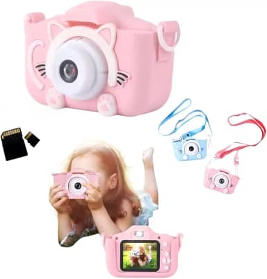 Câmera Digital Infantil Portátil 20MP Full HD, Design Gatinho, Filmadora Recarregável + Cartão de Memória 32 GB (Rosa)