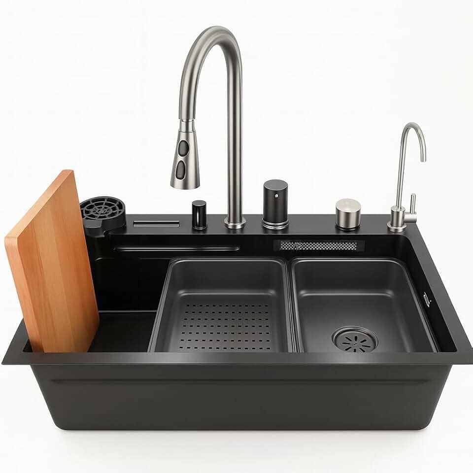 Pia de Cozinha Tipo Cascata de Aço Inoxidável Preto com Estação de Trabalho, Torneira Retrátil e Conjunto Completo de Acessórios Cuba de Aço Inox Polido 80x46