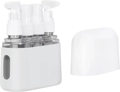 Kit 4 Frascos para Viagem Com Case – Frascos Portáteis Reutilizáveis para Shampoo, Cremes e Cosméticos – Mini Potes para Mala de Mão e Avião - acompanha Case de Silicone com Tampa (Cinza)