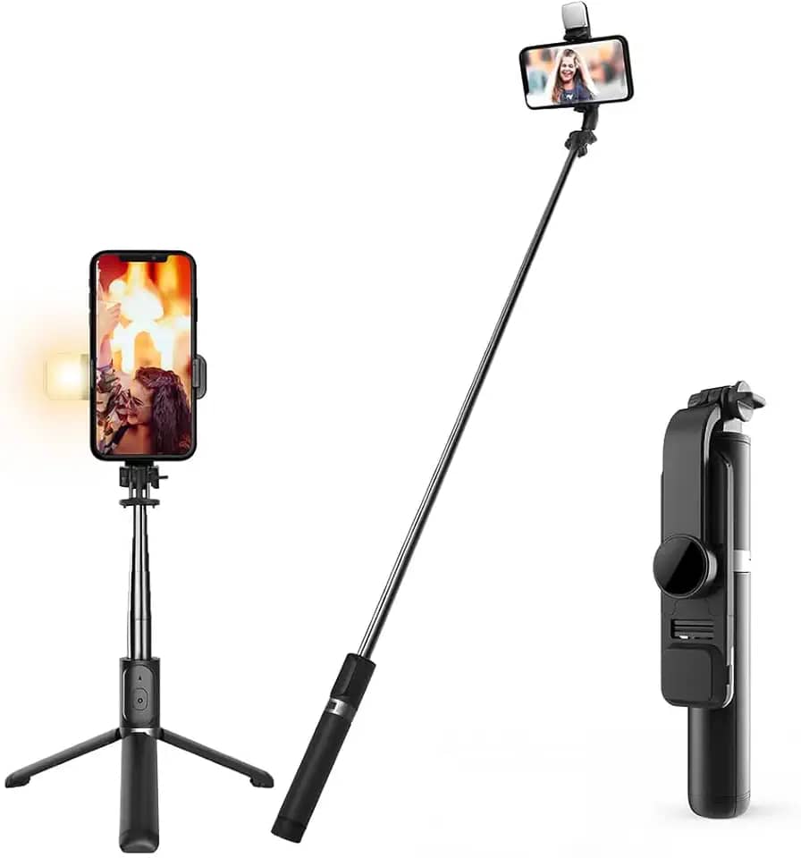 Bastão Pau de Selfie com Tripé, Luz LED e Controle Bluetooth – Extensível, Dobrável, Ideal para Fotos e Vídeos
