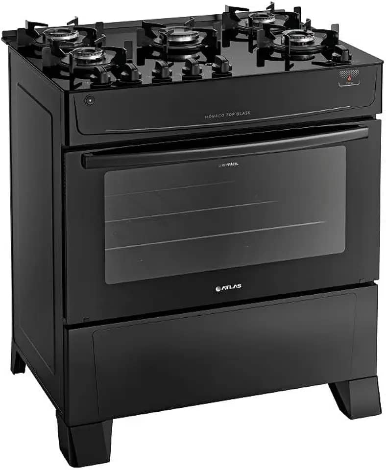 Fogão Atlas 5 Bocas preto Mônaco Top Glass com Acendimento automático - Bivolt