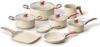 Oikos - Jogo com 8 Panelas Antiaderentes de Revestimento Cerâmica com Tampa de Vidro Terrara Bege com 5 Camadas para Fogão a Gás, Elétricos, Cerâmicos e Halogênio