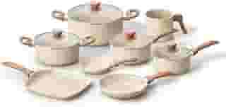 Oikos - Jogo com 8 Panelas Antiaderentes de Revestimento Cerâmica com Tampa de Vidro Terrara Bege com 5 Camadas para Fogão a Gás, Elétricos, Cerâmicos e Halogênio