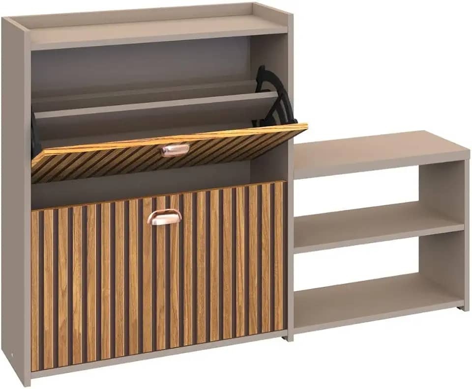 Sapateira Com Banco Moderna 2 Gavetas Basculantes 18 Pares Sapatos Para Quarto Hall de Entrada Closet (Fendi/Ripado)