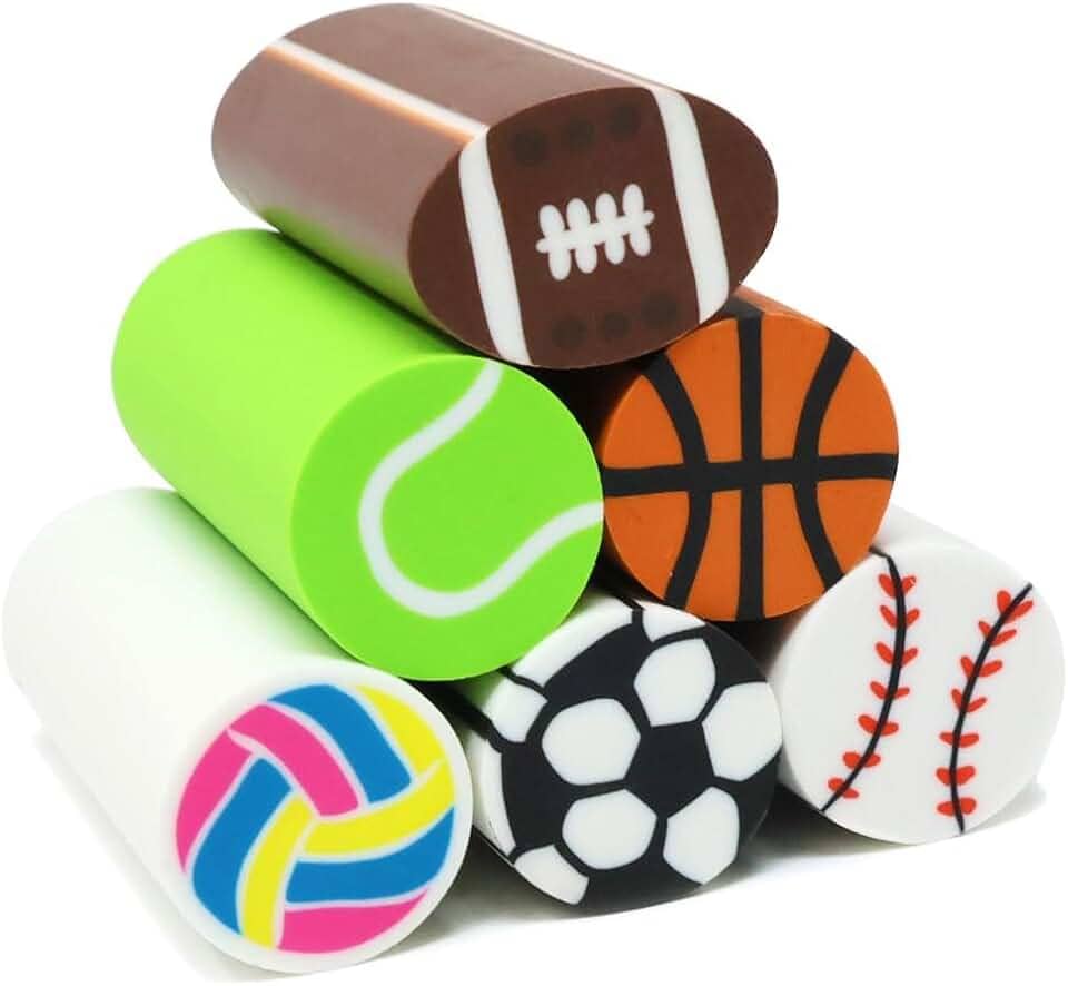 6 peças de borrachas longas para lápis de bola esportiva divertida, basquete, futebol, beisebol, tênis, vôlei, para festa de aniversário, recompensas em sala de aula, 6 estilos