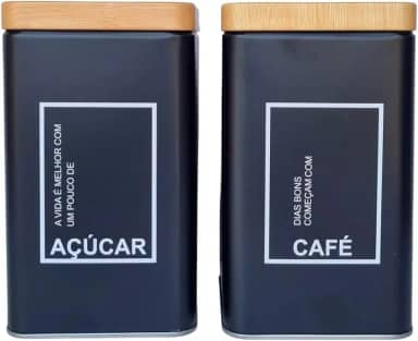 Kit 2 Potes Café e Açúcar Conjunto Lata Alumínio Tampa Imita Madeira Porta Mantimentos - SHACK
