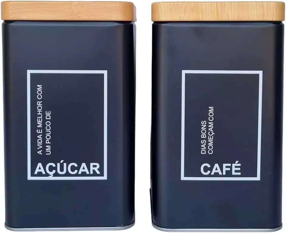 Kit 2 Potes Café e Açúcar Conjunto Lata Alumínio Tampa Imita Madeira Porta Mantimentos - SHACK