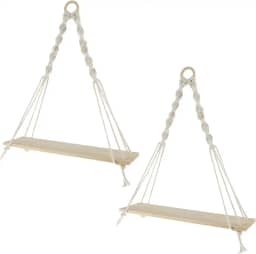 UKQRRTC 2 prateleiras suspensas de corda de algodão macramê, estilo boho, 2 prateleiras, montagem na parede, ajustável, 38 x 35 x 10 cm