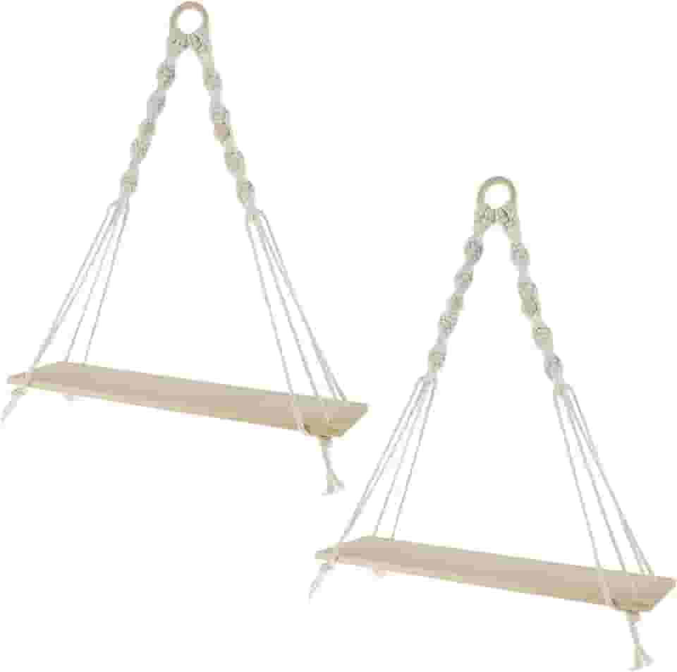 UKQRRTC 2 prateleiras suspensas de corda de algodão macramê, estilo boho, 2 prateleiras, montagem na parede, ajustável, 38 x 35 x 10 cm