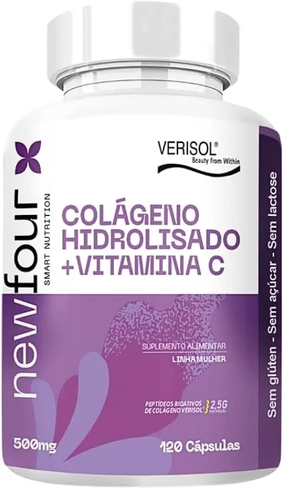 Colágeno Verisol com Vitamina C 520mg NewFour – 120 Cápsulas | Colágeno Hidrolisado Tipo 1 para Pele, Rugas e Flacidez | Elasticidade, Cabelos e Unhas | Sem Glúten, Açúcar e Lactose