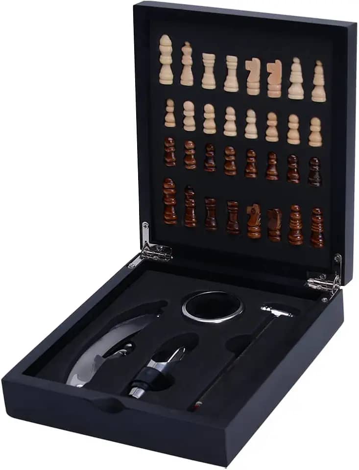 Mimo Style Jogo Para Vinho Com 4 Pçs e Estojo de Madeira, Inclui Saca-Rolhas, Anel Salva Gotas, Termômetro e Bico Dosador, Produzidos em Inox. Caixa Tabuleiro de Xadrez com Todas As Peças