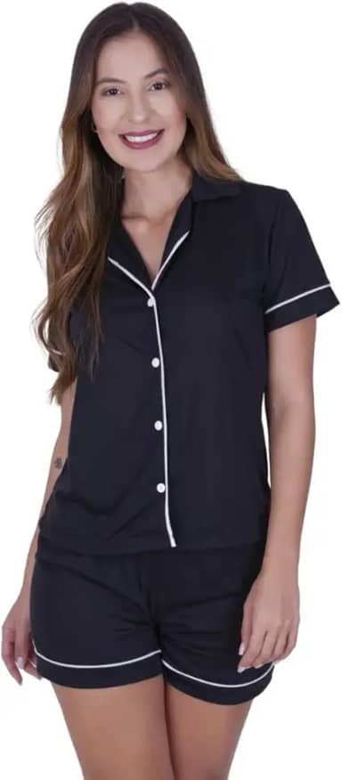 Pijama Feminino Americano com Botão Manga Curta com Gola e Short Brenda
