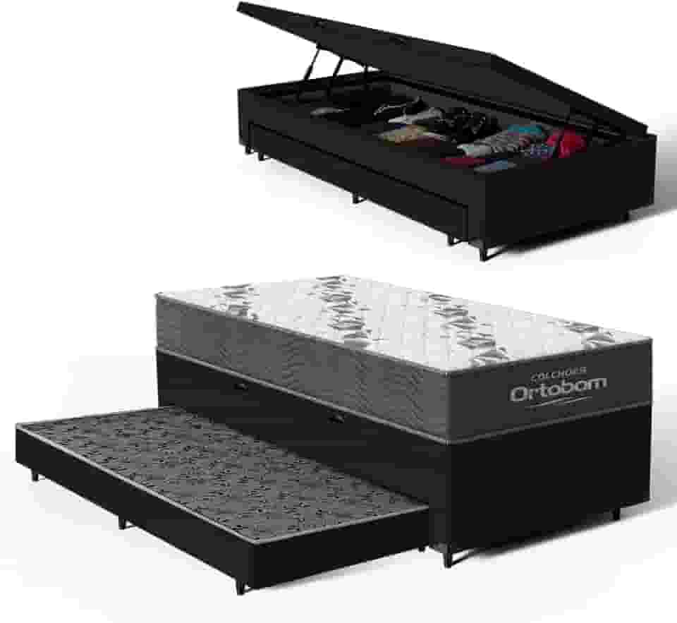 Bicama Box Baú Solteiro com Colchão de Espuma D33 Ortobom Airtech 100 + Auxiliar Unique 88cm (Preto)