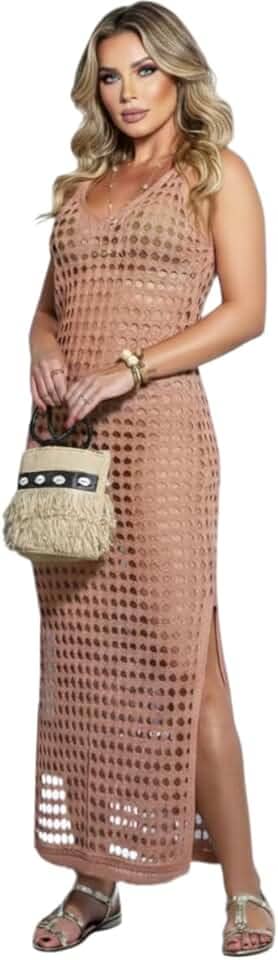 Saída de Praia Longa Feminina Tricô Vazado Com Fenda Lateral