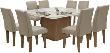 Conjunto Sala de Jantar Mesa Tampo Giratório 8 Cadeiras Siena Amsterdã Dobuê Cedro Off Areia