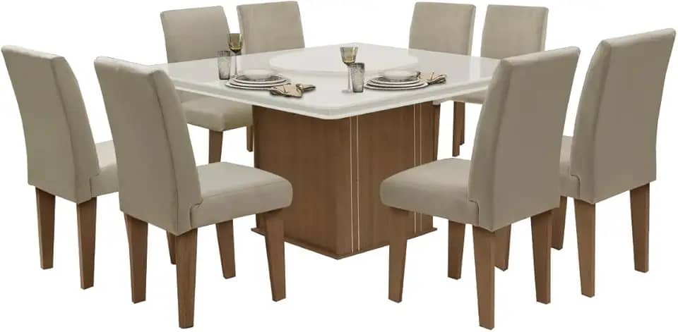 Conjunto Sala de Jantar Mesa Tampo Giratório 8 Cadeiras Siena Amsterdã Dobuê Cedro Off Areia