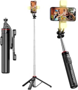 Bastão Tripé Para Celular 360º Dobrável Pau De Selfie Bluetooth Mini Controle Remoto 3 em 1 Câmera Selfie Stick Com Iluminação 2 Led (PRETO) H'MASTON Super Premium