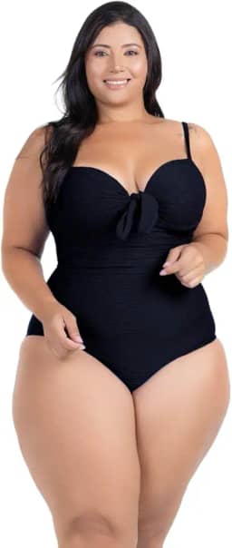 Maiô Plus Size Efeito Seca Barriga Reduz Medidas Tecido Texturizado Franzido Lateral Com Bojo Fixo Amarração nas Costas