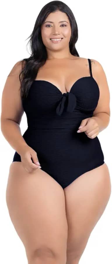 Maiô Plus Size Efeito Seca Barriga Reduz Medidas Tecido Texturizado Franzido Lateral Com Bojo Fixo Amarração nas Costas
