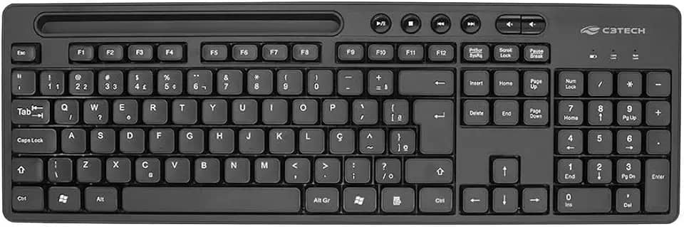 Teclado sem fio C3Tech KB-W100BK Layout ABNT2 com 6 teclas Multimidia incluso 1 Pilha AAA, Receptor USB Nano, Suporte sobre o teclado para colocar smartphone ou tablet