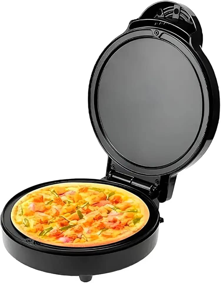 Mini Forno Elétrico para Pizza, Preto, 24x30cm, 1000W, Placa Dupla Antiaderente, Base Redonda 18cm, com Luzes Indicadoras, 110V