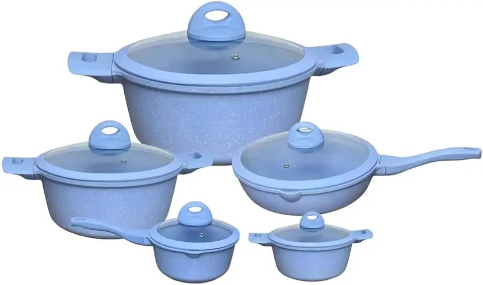 Conjunto de Panelas Ceramica Antiaderente Jogo de 5 Peças Granito Serve Para Fogão Indução, Fogão a Gás - Cor Azul