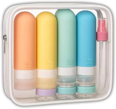 Kit Frascos Reutilizáveis com Necessaire para Viagem – Silicone Macio, à Prova de Vazamentos, Ideal para Cosméticos, Cremes, Shampoo, Loções e Viagens Aéreas. (Colorido)