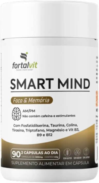 SMART MIND - Nootrópico 90 Cápsulas, Fosfatidilserina, Taurina, Colina, Tirosina, Triptofano, Magnésio e Vit B3, B9 e B12, Função Cognitiva, Fortalvit