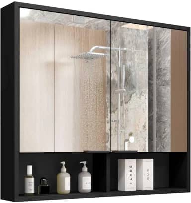 Armário de Banheiro Aéreo 2 Portas Com Espelho Espelheira Com Nicho Aquiles (Preto Flexcollor Nature)