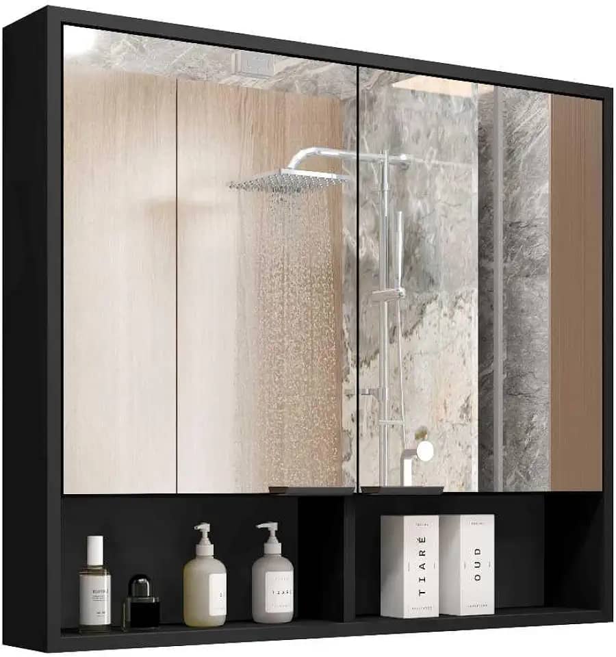 Armário de Banheiro Aéreo 2 Portas Com Espelho Espelheira Com Nicho Aquiles (Preto Flexcollor Nature)