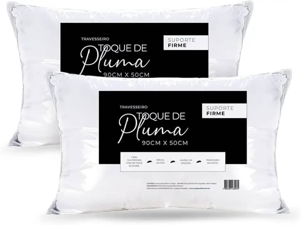 Kit 2 Travesseiros King Toque de Pluma Firme 90x50 cm – Percal 180 Fios | Alto, Macio e Confortável para Noites Revigorantes