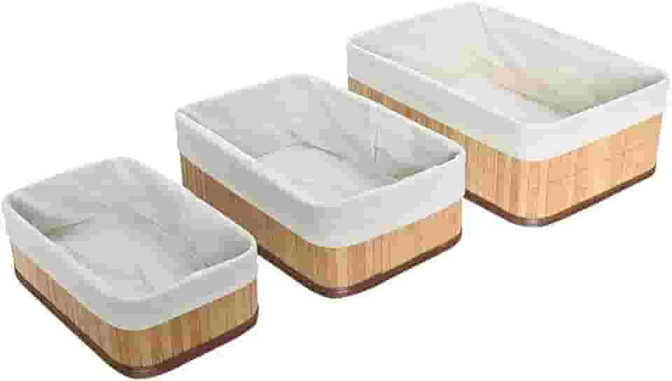 Mimo Style Jogo de 03 Cestos Organizadores Feito de Bambu Cor Claro. Perfeito Para Banheiros, Armários, Lavanderias, Entre Outros. Bonito e Elegante (Bege - Grande)