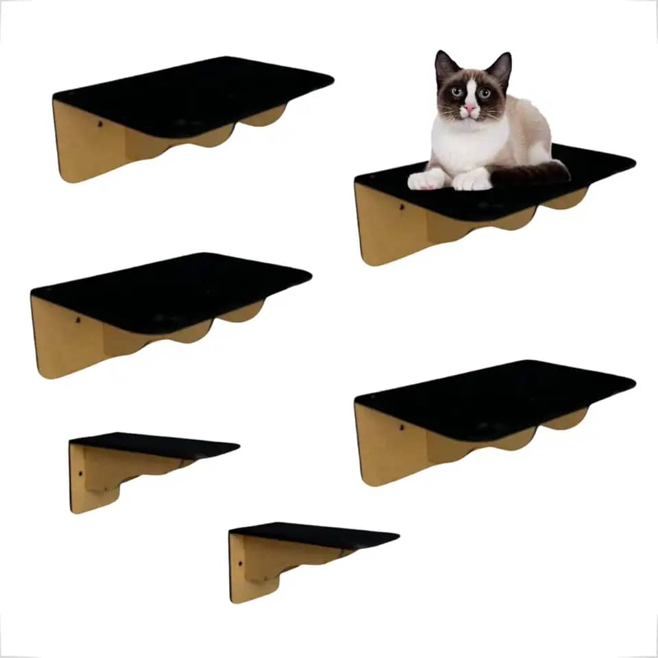 Kit 4 Prateleiras + 2 Degraus De Parede Brinquedo Para Gatos Em Mdf Com Carpete Antiderrapante