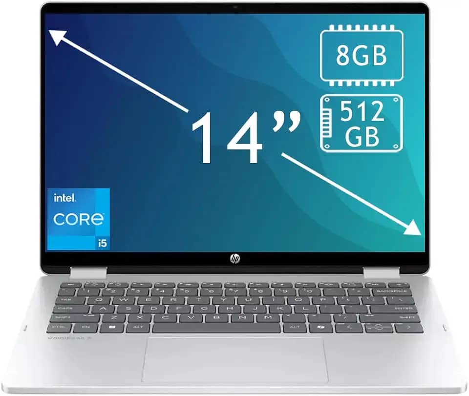 HP Notebook OmniBook 5 Flip 2 em 1, tela sensível ao toque 2K de 14 polegadas, Intel Core 5 120U, 8 GB de RAM, SSD de 512 GB, placa de vídeo Intel, teclado retroiluminado, Windows 11 Home, Glacier