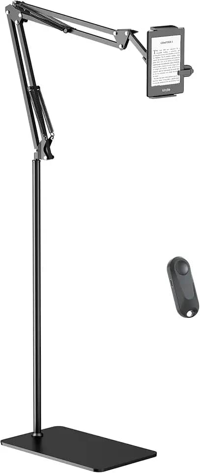 Kefotic Suporte de chão para leitura Kindle na cama com virador de página remoto, suporte de braço de tablet mãos livres para acessório Kindle, compatível com iPhone Paperwhite eReader Tablet de 4,5 a