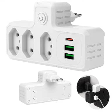 Extensão Elétrica Tomada, Régua Tomada, Régua de Energia, Adaptador Tomada, 3 Tomadas, 2 Interfaces USB, 1 Porta USB Tipo-C